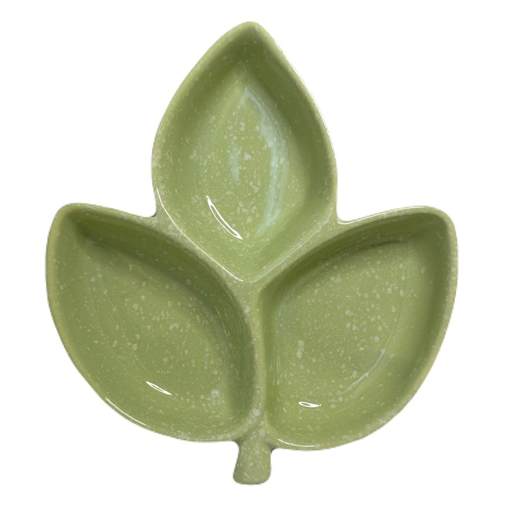 Hull Pottery #31 Vintage Green Yellow 3 Leaf Relish Dip Candy Tray Bowl Dish